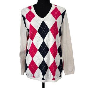 TOMMY HILFIGER White Cotton Argyle Preppy V Neck Sweater XL